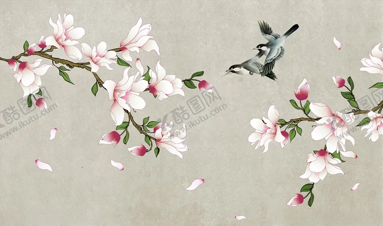 编号：65294006161754361141【酷图网】源文件下载-花鸟画手绘画鸟玉兰背景墙