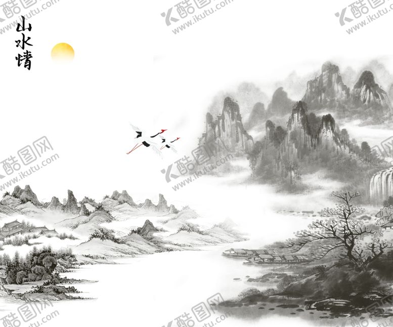 编号：38470707022005227417【酷图网】源文件下载-水墨山水古风壁画墙贴素材