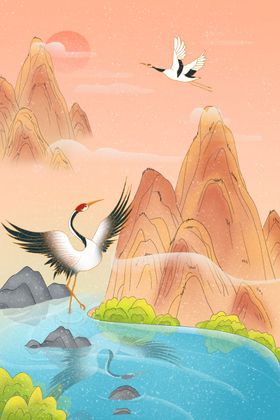 国潮山水插画中风