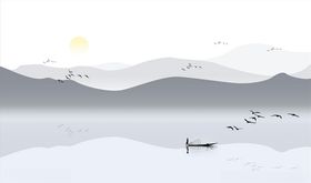 水墨山水小船大雁背景墙
