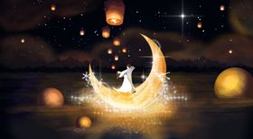 七夕人物孔明灯梦幻展板素材