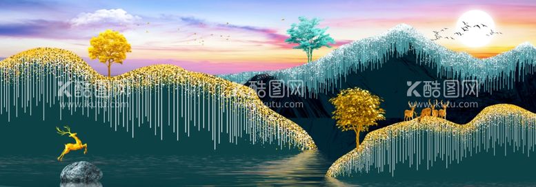 编号：15003312041909328930【酷图网】源文件下载-水墨麋鹿山水装饰画