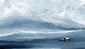 水墨山水小船大雁背景墙