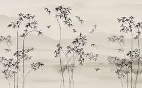 水墨山水简约花鸟背景客厅装饰画屏风墙立体墙