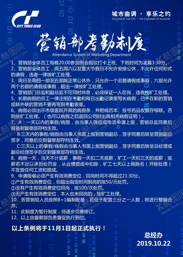 编号：26612309191207462632【酷图网】源文件下载-营销部考勤制度展板设计模板