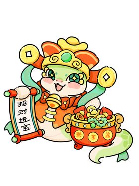 蛇年插画手绘2025财神