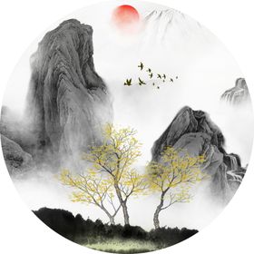 抽象水墨山水黑白线条玄关