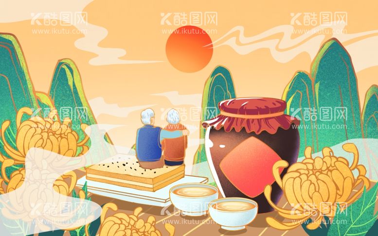 编号：42449212192346364413【酷图网】源文件下载-重阳节观赏夕阳插画