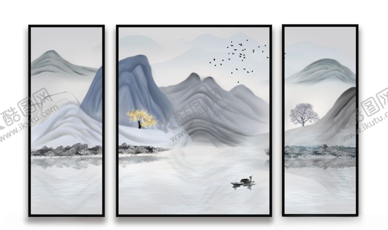 编号：51900210132204061448【酷图网】源文件下载-新中式意境山水装饰画电视背景墙