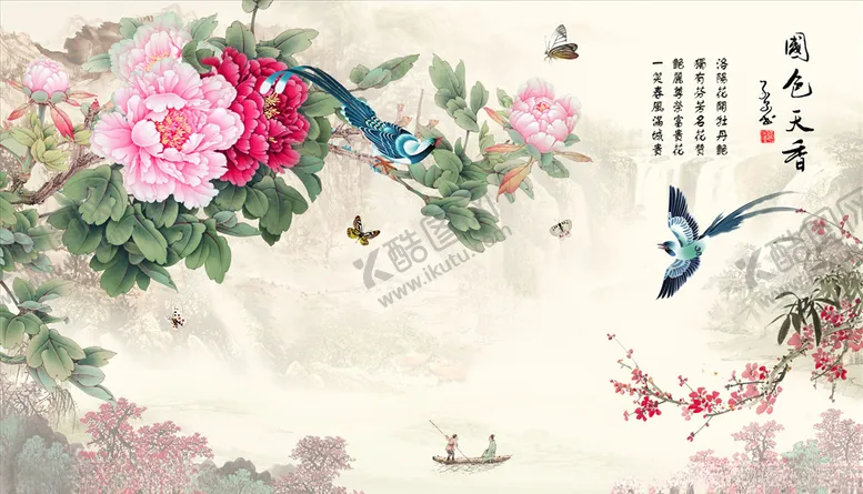编号：43073105010441127056【酷图网】源文件下载-花鸟画牡丹梅花飞鸟背景墙