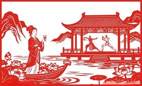 古典佳人于亭畔泛舟图景