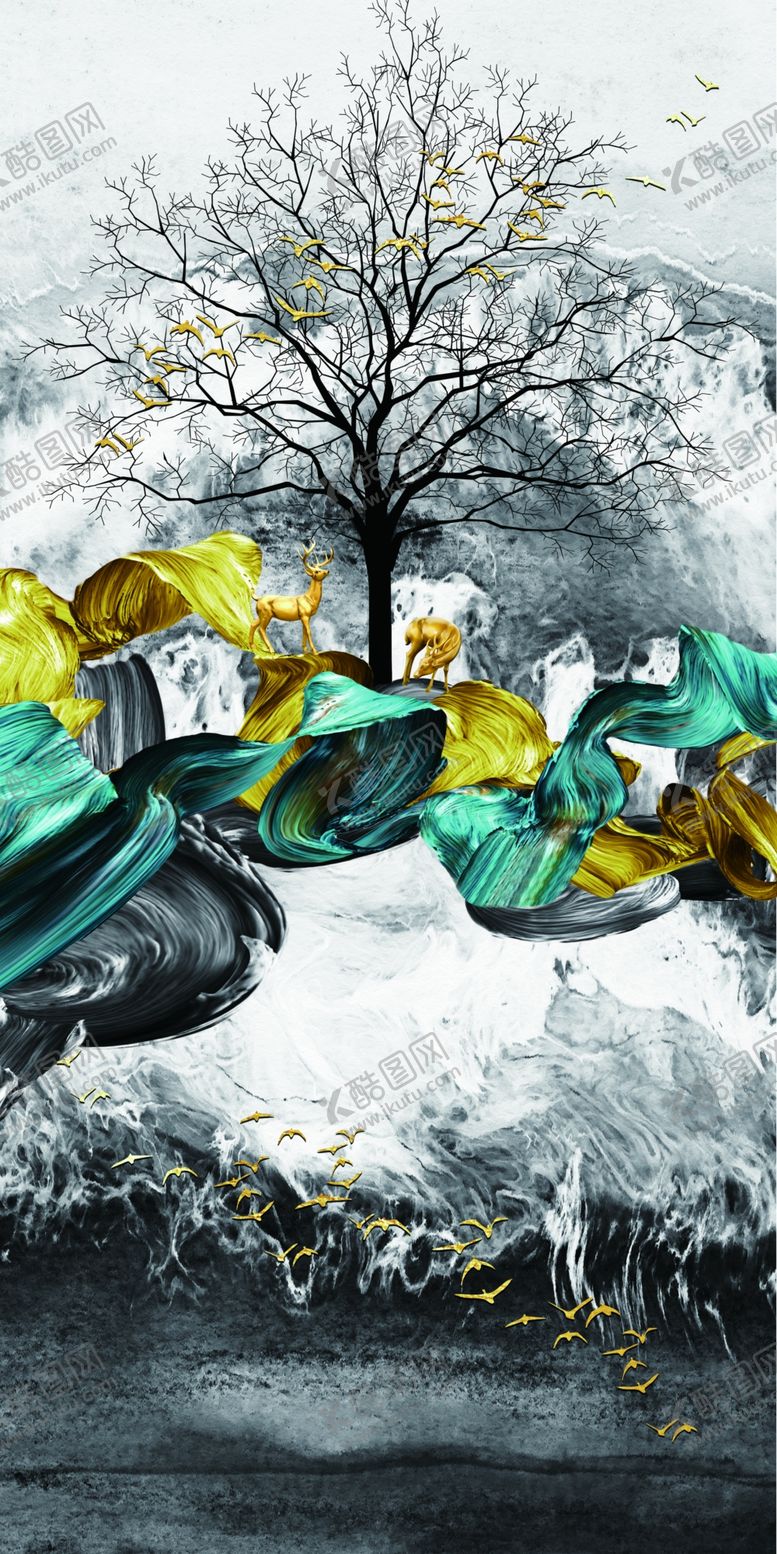 编号：46944410011655392805【酷图网】源文件下载-麋鹿发财树玄关装饰画