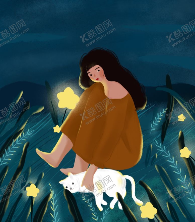 编号：17809605060526214804【酷图网】源文件下载-治愈系插画小女孩和猫