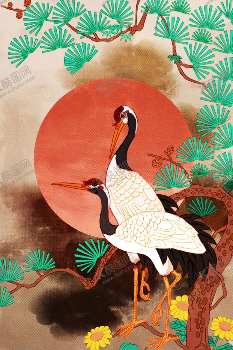编号：75767310030210361192【酷图网】源文件下载-仙鹤古风传统国风插画卡通素材