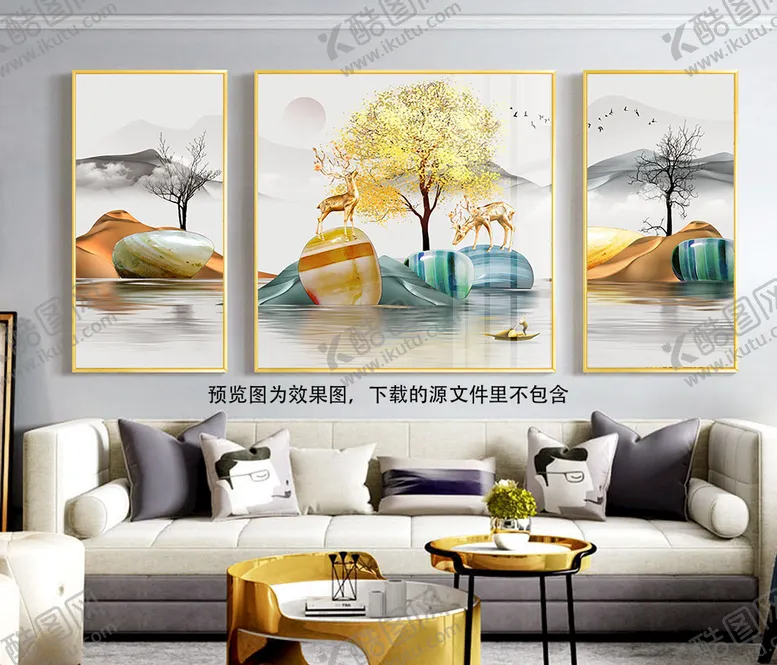 编号：12097711112245558281【酷图网】源文件下载-唯美水墨湖畔风景画三联挂画