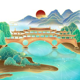 落日中国文化国潮展板国潮手绘中国风背景