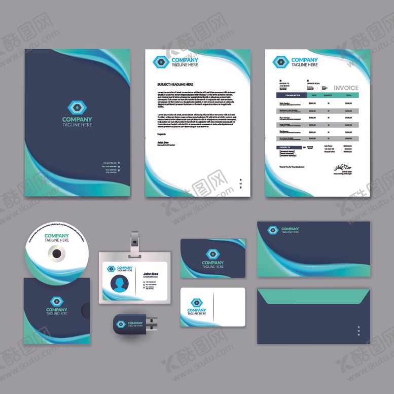 编号：95752611021625026871【酷图网】源文件下载-蓝绿配色企业品牌视觉套件