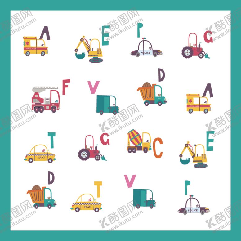 编号：36692611010556211310【酷图网】源文件下载-多彩卡通字母与交通工具图案