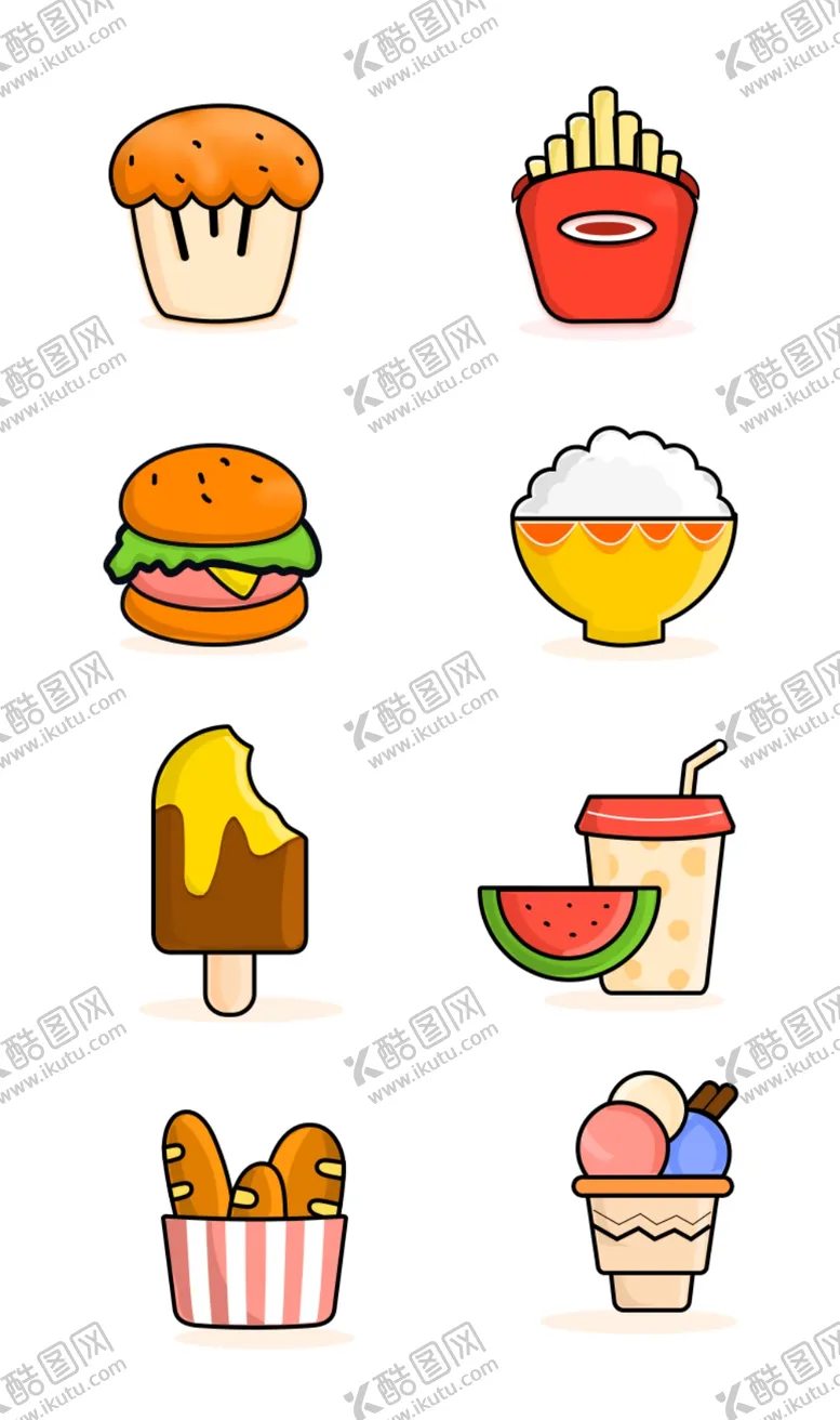 编号：39797804170622074144【酷图网】源文件下载-彩色食物电商手绘立体图标