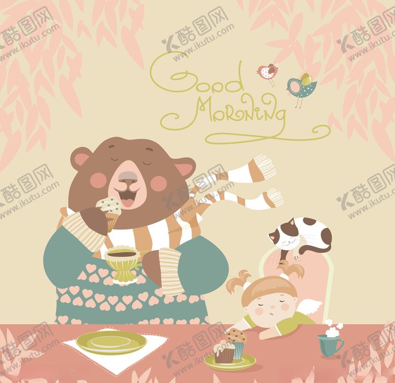 编号：13321410030918518528【酷图网】源文件下载-北欧森系动物吃早餐插画