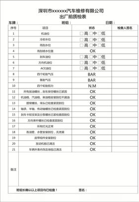 汽车出厂前质检表
