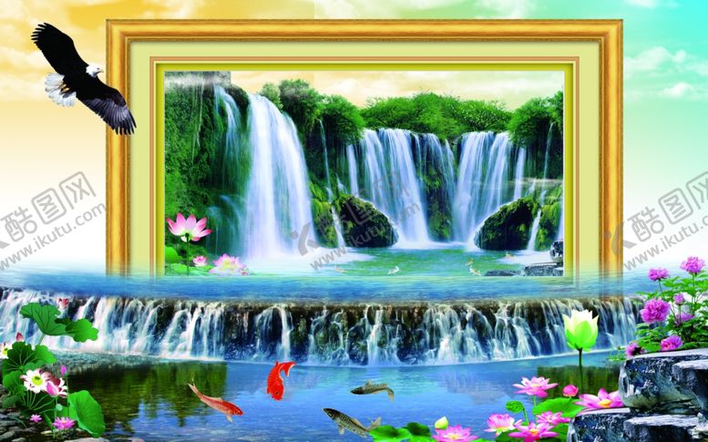 编号：66348109192120156478【酷图网】源文件下载-瀑布鲤鱼金鱼山水画雄鹰