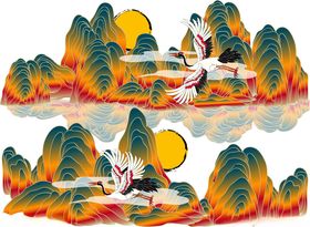 中式山水仙鹤插画艺术
