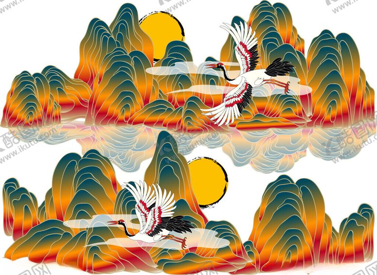 编号：15891611242251475357【酷图网】源文件下载-中式山水仙鹤插画艺术