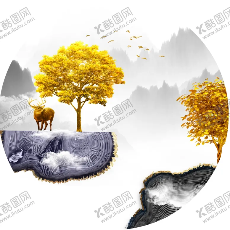 编号：26340101170435044812【酷图网】源文件下载-水墨麋鹿树圆形挂画装饰画