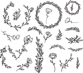 柳枝花枝黑白矢量图