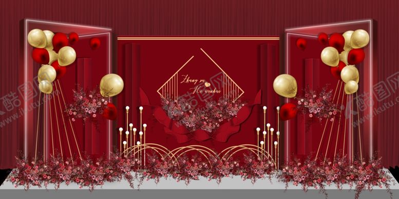 编号：11998905090603119519【酷图网】源文件下载-红色浪漫婚礼舞台布置