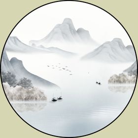 新中式意境山水圆形装饰画