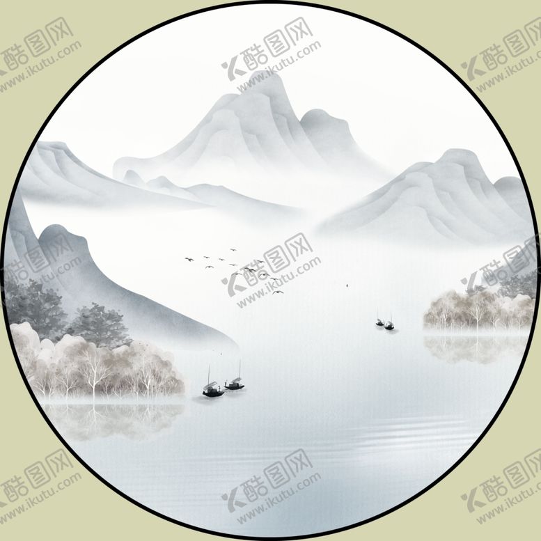 编号：10789609212310143176【酷图网】源文件下载-新中式意境山水圆形装饰画