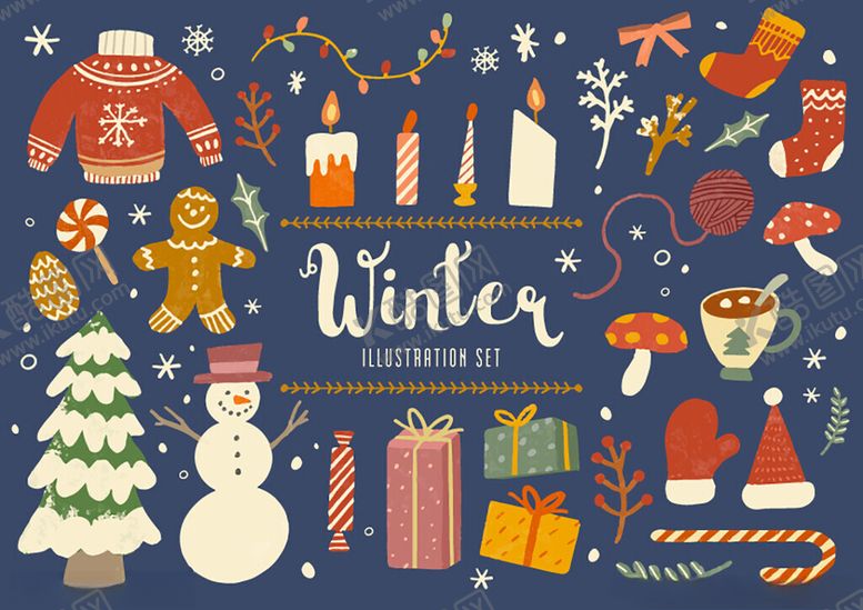 编号：33407310042353013639【酷图网】源文件下载-冬季圣诞元素插画集合