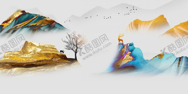 编号：56508411051835459761【酷图网】源文件下载-金色麋鹿意境山水装饰画