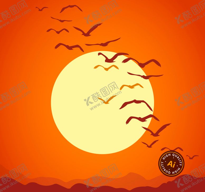 编号：39048609182238293015【酷图网】源文件下载-夕阳下飞翔的鸟群插画