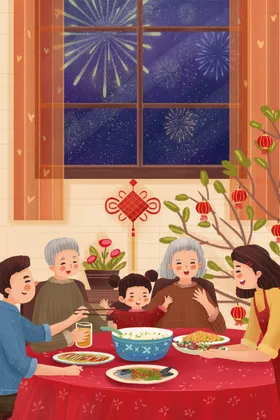 一家人团圆饭手绘插画