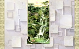 水墨画高山枫树梅花鹿大雁背景墙