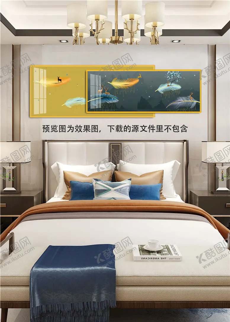 编号：13337101240352108588【酷图网】源文件下载-水彩羽毛麋鹿艺术床头画挂画