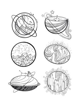 手绘黑白星球奇幻卡通行星元素套