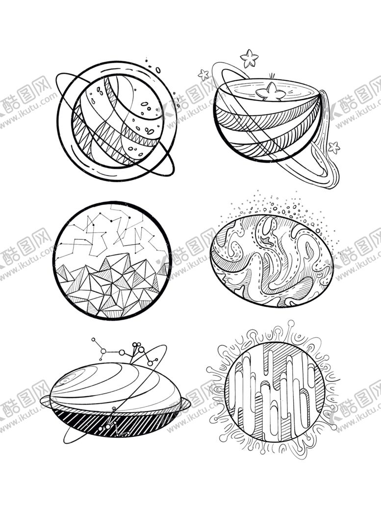 编号：57696710091107153804【酷图网】源文件下载-手绘黑白星球奇幻卡通行星元素套