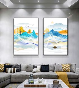 轻奢蓝金意境山水二联画