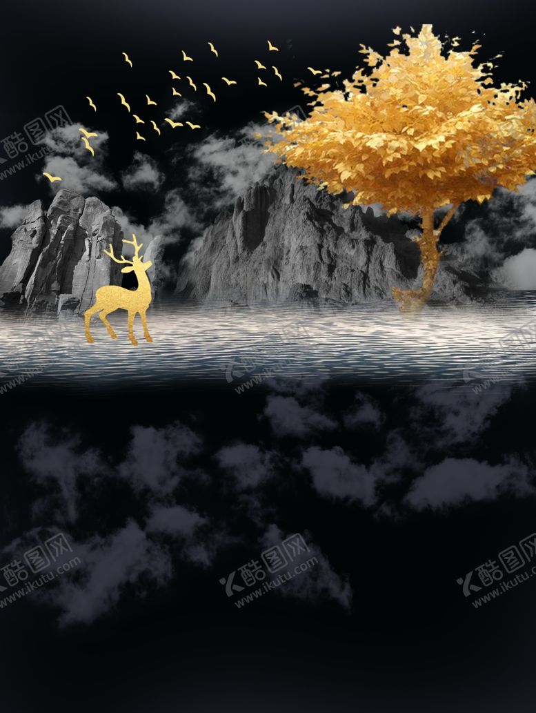 编号：36275710161343044208【酷图网】源文件下载-发财树麋鹿玄关画