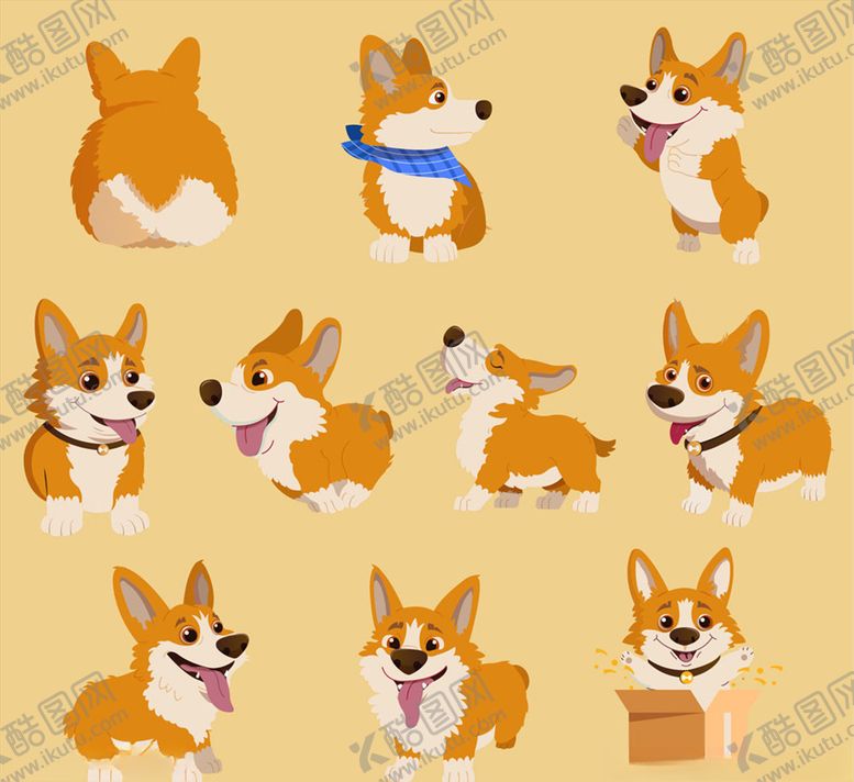 编号：74171510300622301572【酷图网】源文件下载-10款可爱威尔士柯基犬设计