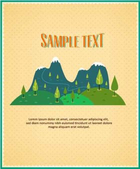 复古风格美景雪山大树山丘卡通背