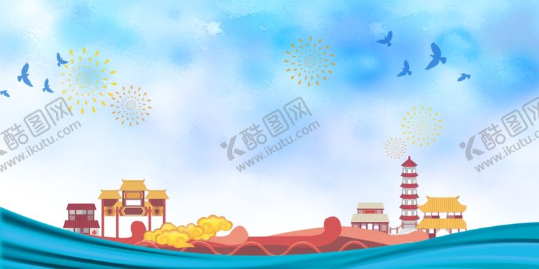 编号：37961010211601317420【酷图网】源文件下载-城市矢量风光蓝天白云背景板