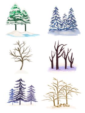 立冬雪景松树树干柏树雪花手绘