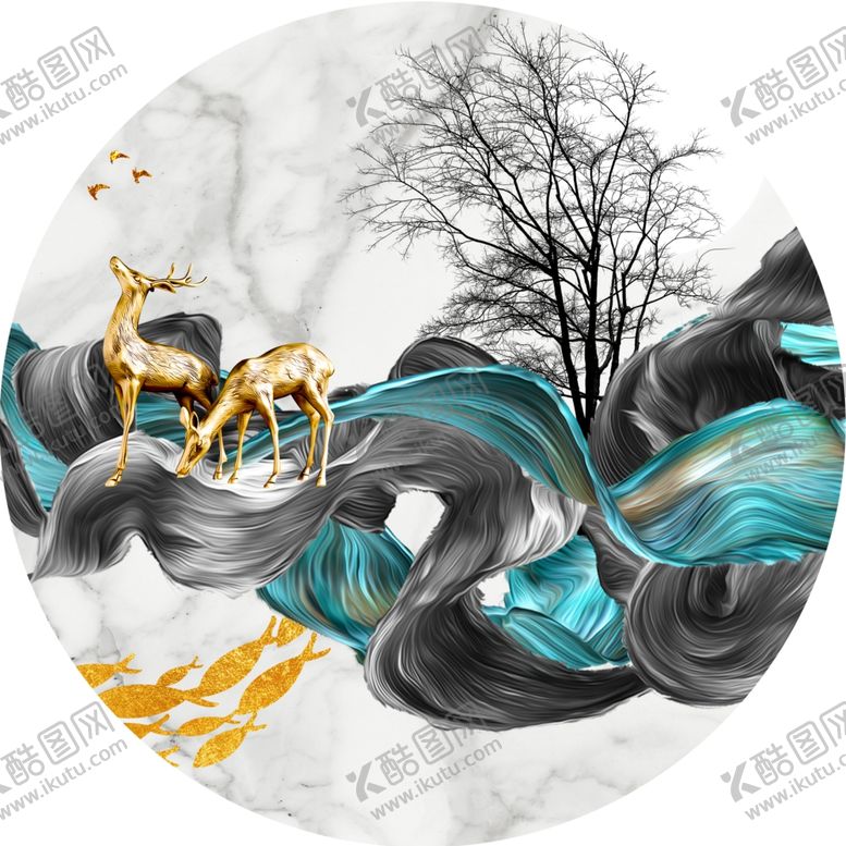 编号：72601801170406412678【酷图网】源文件下载-麋鹿水墨风景画圆形挂画