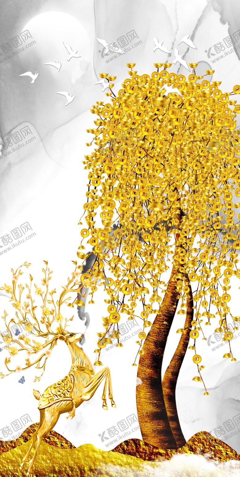 编号：72235404261204294655【酷图网】源文件下载-金色麋鹿发财树玄关画