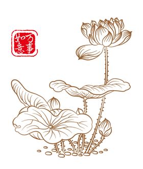 国潮复古插画手绘荷花线稿矢量图